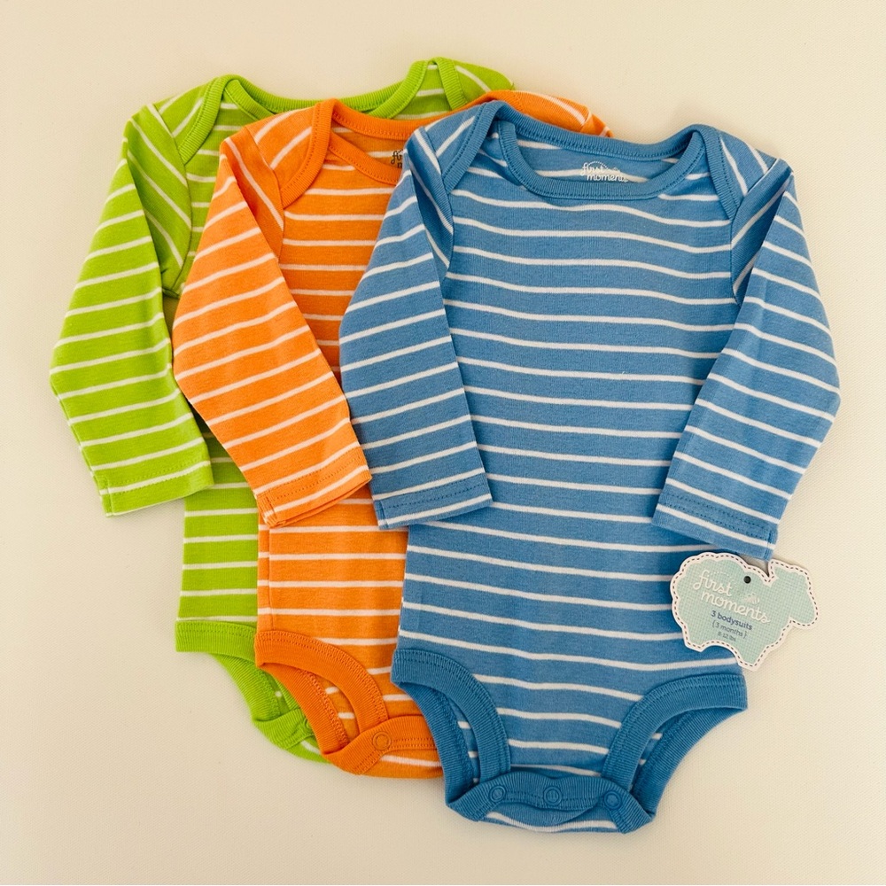 First Moments 3 Months Baby Boy 3-pk Long Sleeve Bodysuit Set NWT Blue Orange